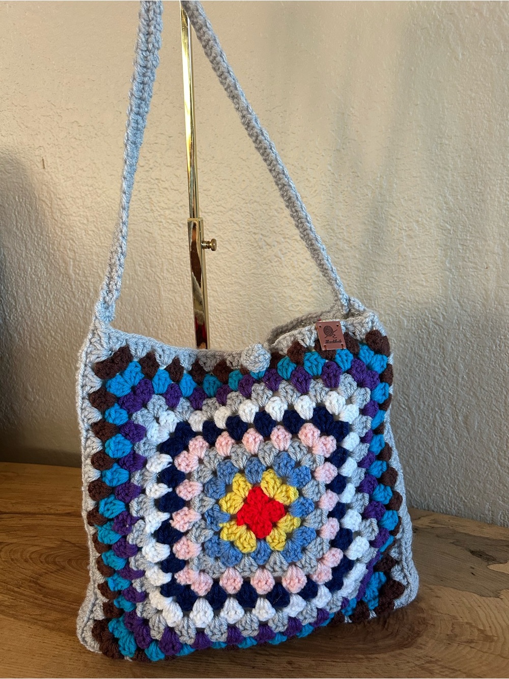 Handmade Crochet Granny Square Tote Bag 3-Pocket Lined Boho Shoulder Purse Retro